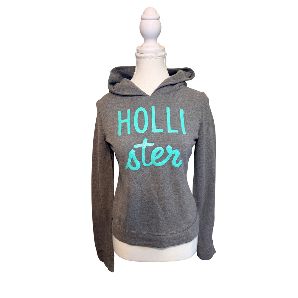Hollister Gray Hoodie Teal Logo Pullover Soft Fleece Casual XS